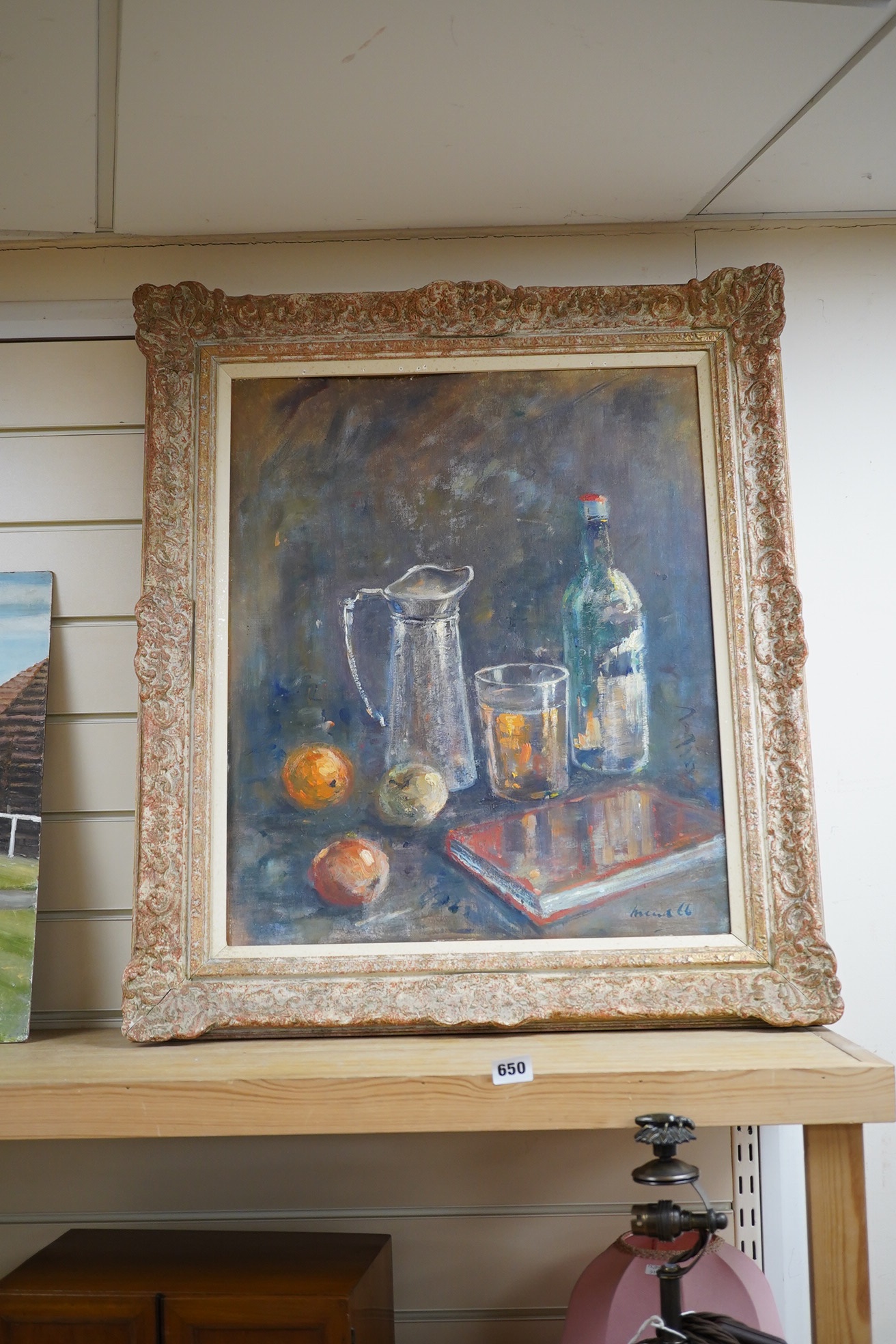 20th century French School, oil on board, still life of fruit, bottle and jug, indistinctly signed, 58x48cm. Condition - fair (warped)